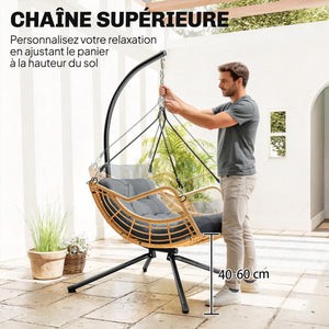 Fauteuil suspendu en résine tressée avec support, chaise suspendue, chaise hamac balançoire, coussin et attache de sécurité, hauteur réglable, cadre en acier, intérieur et extérieur, gris