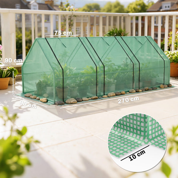 Mini Serre de Jardin mini serre tunnel 270L x 90l x 90H cm cm toit pointu Acier PE Haute densité 140 g/m² Anti-UV 3 fenêtres avec Zip enroulables Vert