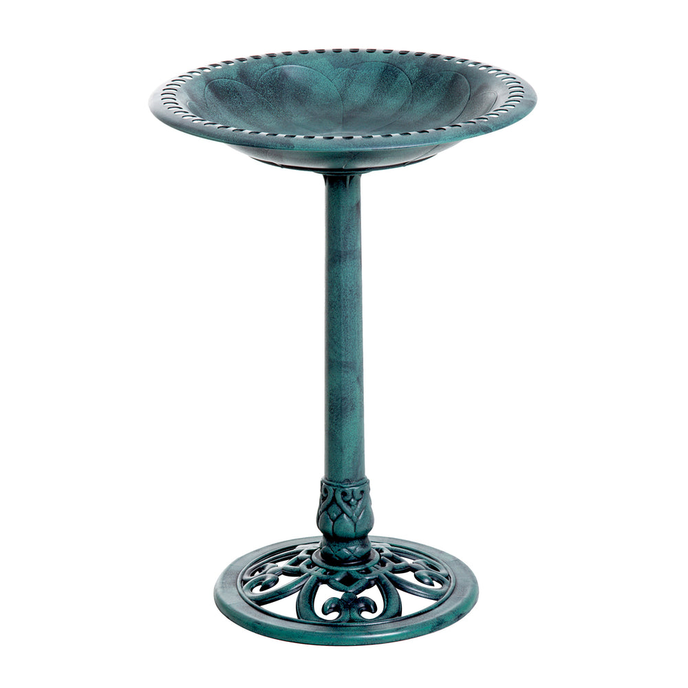 Bain d'oiseaux plateau de diamètre 50cm, abreuvoir oiseaux extérieur sur pied hauteur 69,5 cm, mangeoire oiseaux design coquille et décoration fleur-de-lys, érugineux