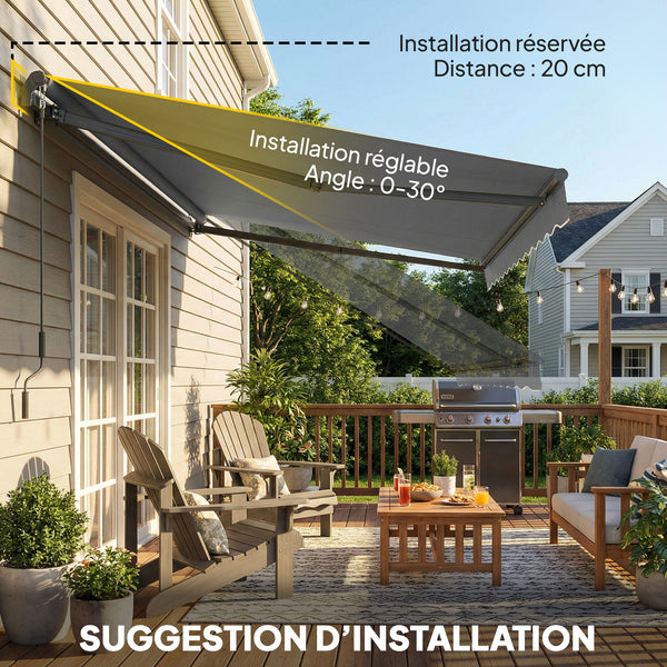 Store banne manuel 3,5x3m, auvent rétractable inclinaison réglable, manivelle, aluminium et polyester 280 g/m² protection UV résistance à l'eau, pour patio, balcon, terrasse, gris foncé