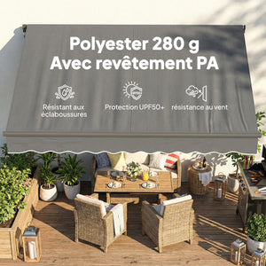 Store banne manuel 3,5x3m, auvent rétractable inclinaison réglable, manivelle, aluminium et polyester 280 g/m² protection UV résistance à l'eau, pour patio, balcon, terrasse, gris foncé