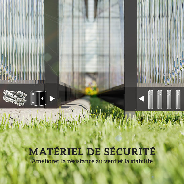 Serre de jardin en aluminium polycarbonate 8,97m² 363x247cm, serre avec fenêtres réglables, porte battante et gouttières, abri extérieur résistant aux intempéries pour plante fleur, noir