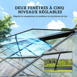 Serre de jardin en aluminium polycarbonate 8,97m² 363x247cm, serre avec fenêtres réglables, porte battante et gouttières, abri extérieur résistant aux intempéries pour plante fleur, noir