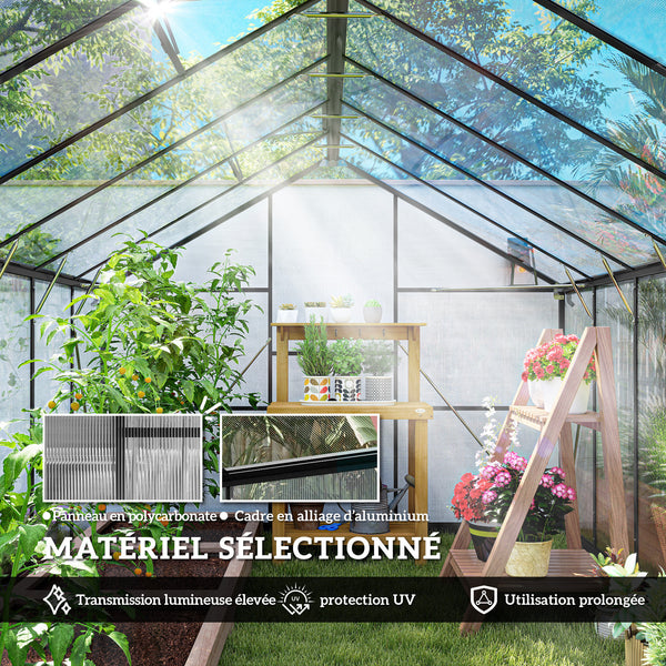 Serre de jardin en aluminium polycarbonate 8,97m² 363x247cm, serre avec fenêtres réglables, porte battante et gouttières, abri extérieur résistant aux intempéries pour plante fleur, noir