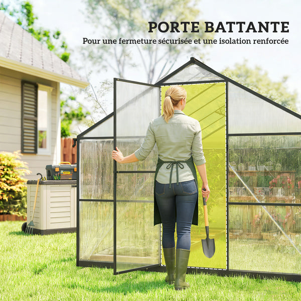 Serre de jardin en aluminium polycarbonate 8,97m² 363x247cm, serre avec fenêtres réglables, porte battante et gouttières, abri extérieur résistant aux intempéries pour plante fleur, noir
