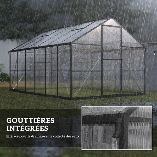Serre de jardin en aluminium polycarbonate 8,97m² 363x247cm, serre avec fenêtres réglables, porte battante et gouttières, abri extérieur résistant aux intempéries pour plante fleur, noir
