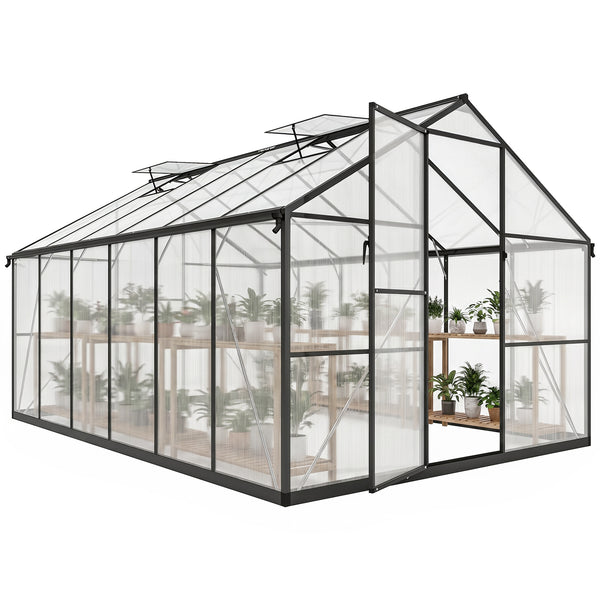 Serre de jardin en aluminium polycarbonate 8,97m² 363x247cm, serre avec fenêtres réglables, porte battante et gouttières, abri extérieur résistant aux intempéries pour plante fleur, noir