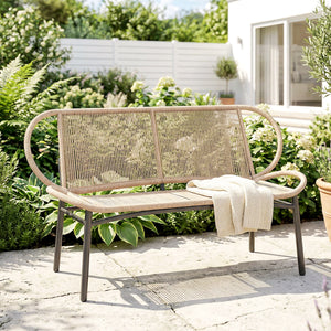 Banc de Jardin 2 Places en Résine Tressée, Banc Extérieur, Dossier et Assise Respirants, Résistant aux Intempéries, Cadre en Métal, Capacité 320kg, pour Patio, Terrasse, 138x62x83cm, Naturel