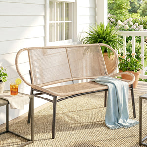 Banc de Jardin 2 Places en Résine Tressée, Banc Extérieur, Dossier et Assise Respirants, Résistant aux Intempéries, Cadre en Métal, Capacité 320kg, pour Patio, Terrasse, 138x62x83cm, Naturel