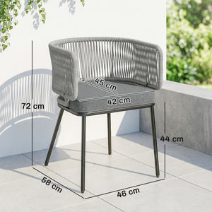 Lot de 2 Fauteuils de Jardin, Chaises de Balcon avec Dossier et Accoudoirs en Corde Résine Tressée, Coussins Amovibles, Cadre en Acier, Chaise de Jardin pour Plage Balcon Terrasse, Gris Clair