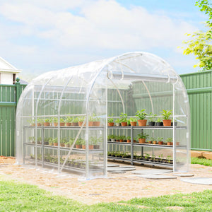 Serre tunnel de jardin 6m², serre de jardin tunnel 195x295x195cm avec cadre acier galvanisé, 2 portes, bâche PE haute densité 150g/m² prolongée de 20 cm, pour extérieur transparent