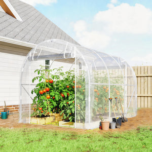 Serre tunnel de jardin 6m², serre de jardin tunnel 195x295x195cm avec cadre acier galvanisé, 2 portes, bâche PE haute densité 150g/m² prolongée de 20 cm, pour extérieur transparent