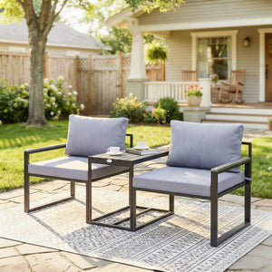 Salon de jardin 3 pièces - ensemble de jardin avec coussins 14cm et accoudoirs en composite bois-plastique : mobilier de balcon avec 2 fauteuils et table d'appoint, assise en textilène, gris