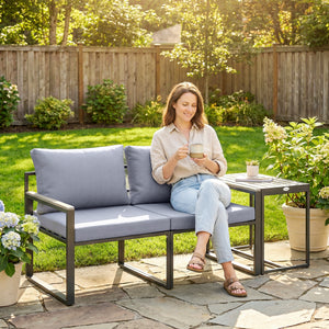 Salon de jardin 3 pièces - ensemble de jardin avec coussins 14cm et accoudoirs en composite bois-plastique : mobilier de balcon avec 2 fauteuils et table d'appoint, assise en textilène, gris