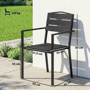 - Ensemble de 4 chaises de jardin empilables, avec assise et dossier en HDPE à lattes, accoudoirs et structure en métal, pour terrasse ou balcon, noir