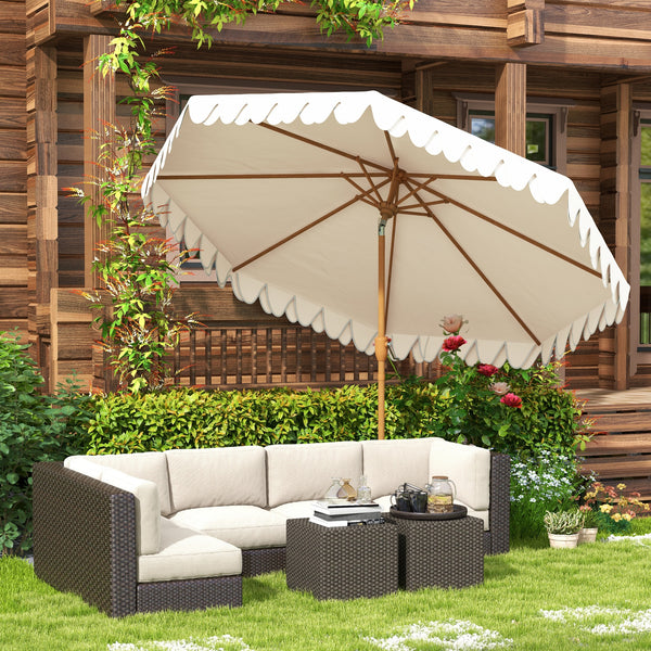 Parasol de jardin Parasol droit inclinable rond Ø 264 cm avec volants tissu polyester haute densité anti-UV mât démontable 8 baleines - crème