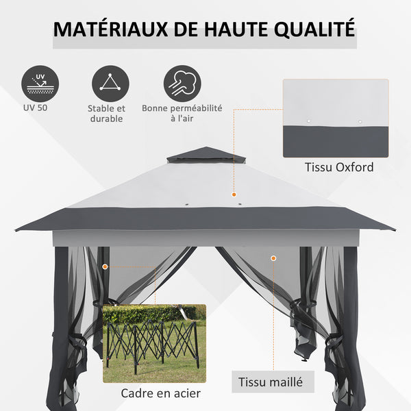 Tonnelle de jardin extérieur tonnelle pliante 3,6x3,6m avec double toit acier polyester moustiquaires + sac de transport à roulettes gris