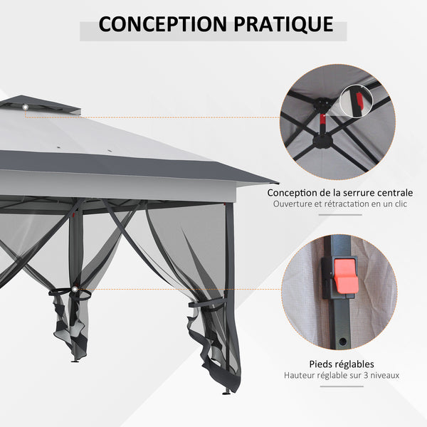 Tonnelle de jardin extérieur tonnelle pliante 3,6x3,6m avec double toit acier polyester moustiquaires + sac de transport à roulettes gris