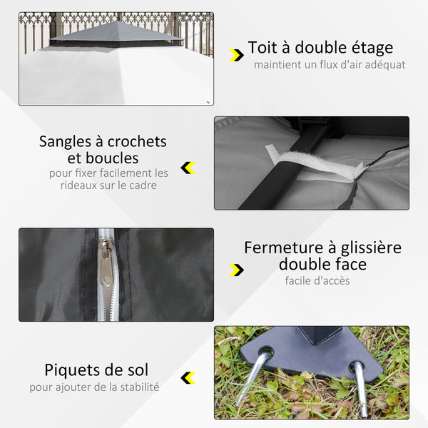 Tonnelle de jardin extérieur tonnelle pliante 3,6x3,6m avec double toit acier polyester moustiquaires + sac de transport à roulettes gris