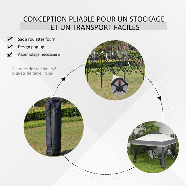 Tonnelle de jardin extérieur tonnelle pliante 3,6x3,6m avec double toit acier polyester moustiquaires + sac de transport à roulettes gris