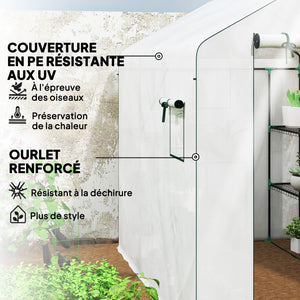 Serre de jardin PE avec étagères 3 niveaux, serre d'extérieur avec bâche renforcée 135 g/m² anti-UV, châssis en acier, portes zippées enroulables et fenêtres en maille, 143x215x190cm, blanc