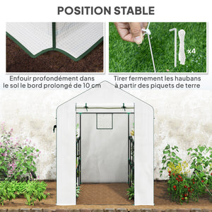 Serre de jardin PE avec étagères 3 niveaux, serre d'extérieur avec bâche renforcée 135 g/m² anti-UV, châssis en acier, portes zippées enroulables et fenêtres en maille, 143x215x190cm, blanc