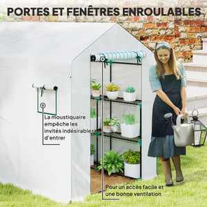 Serre de jardin PE avec étagères 3 niveaux, serre d'extérieur avec bâche renforcée 135 g/m² anti-UV, châssis en acier, portes zippées enroulables et fenêtres en maille, 143x215x190cm, blanc