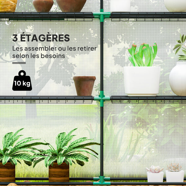 Serre de jardin PE avec étagères 3 niveaux, serre d'extérieur avec bâche renforcée 135 g/m² anti-UV, châssis en acier, portes zippées enroulables et fenêtres en maille, 143x215x190cm, blanc