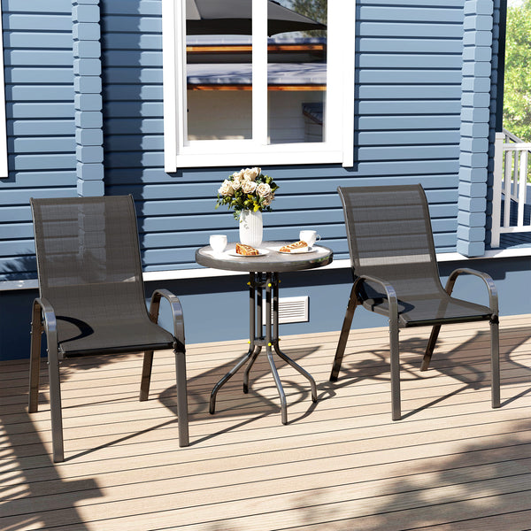 3 pièces salon de jardin extérieur, ensemble de meubles 2 fauteuils empilables, table basse avec dessus en verre trempé, tissu en textilène, pour patio, terrasse, balcon, noir