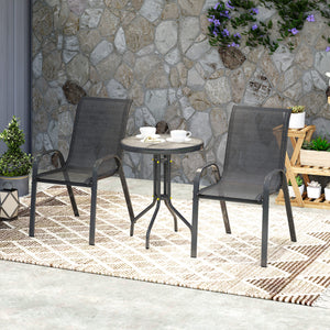 3 pièces salon de jardin extérieur, ensemble de meubles 2 fauteuils empilables, table basse avec dessus en verre trempé, tissu en textilène, pour patio, terrasse, balcon, noir