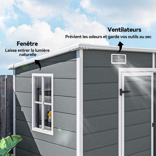 Abri de jardin 2,54 m² cabane de jardin extérieur 2,4 x 1,3 m cabanon rangement outils avec fondation, fenêtre, portes verrouillables et 2 aérations, abri à outils en aluminium et PP, gris