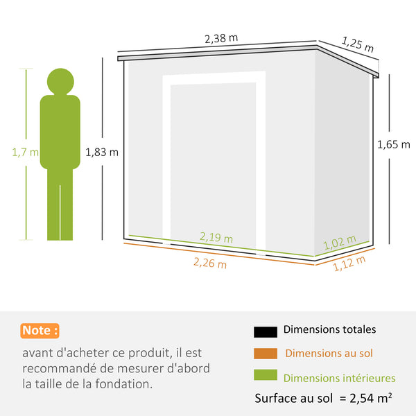 Abri de jardin 2,54 m² cabane de jardin extérieur 2,4 x 1,3 m cabanon rangement outils avec fondation, fenêtre, portes verrouillables et 2 aérations, abri à outils en aluminium et PP, gris