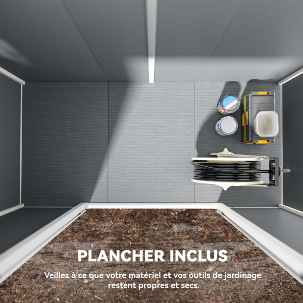 Abri de jardin 2,54 m² cabane de jardin extérieur 2,4 x 1,3 m cabanon rangement outils avec fondation, fenêtre, portes verrouillables et 2 aérations, abri à outils en aluminium et PP, gris