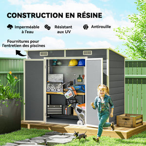 Abri de jardin 2,54 m² cabane de jardin extérieur 2,4 x 1,3 m cabanon rangement outils avec fondation, fenêtre, portes verrouillables et 2 aérations, abri à outils en aluminium et PP, gris