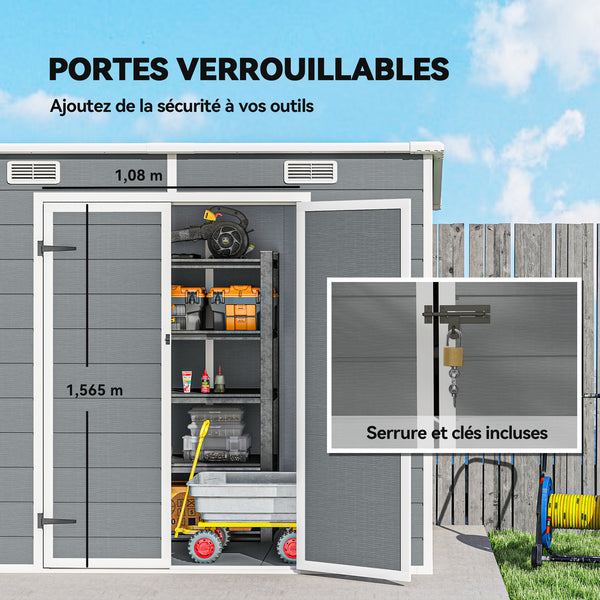 Abri de jardin 2,54 m² cabane de jardin extérieur 2,4 x 1,3 m cabanon rangement outils avec fondation, fenêtre, portes verrouillables et 2 aérations, abri à outils en aluminium et PP, gris