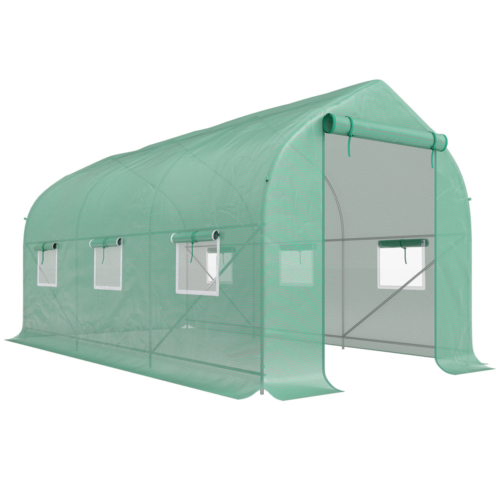 Serre tunnel de jardin 8m², serre de jardin tunnel 400x200x200cm avec 1 porte et 6 fenêtres, pour extérieur, toutes saisons, légumes, fruits, fleurs, bâche PE haute densité 140 g/m² vert