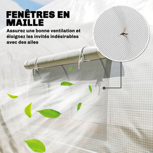 Serre tunnel de jardin 24m², serre de jardin tunnel 295x798x199cm avec portes et 12 fenêtres avec moustiquaires, bâche PE haute densité 140 g/m² prolongée de 20 cm, pour extérieur, blanc