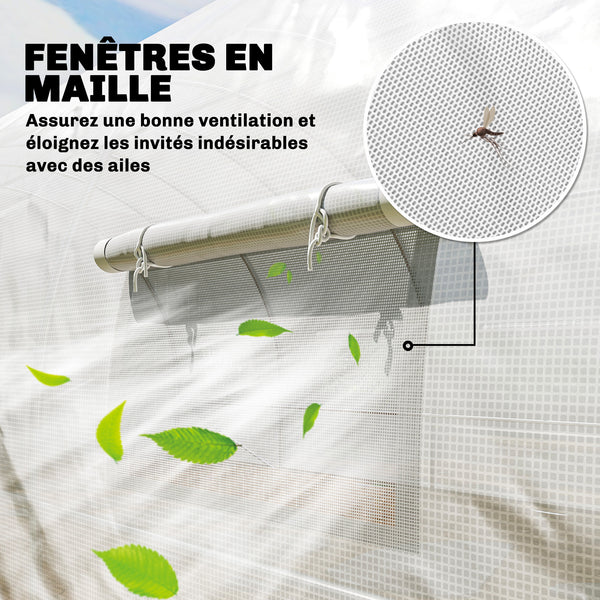 Serre tunnel de jardin 24m², serre de jardin tunnel 295x798x199cm avec portes et 12 fenêtres avec moustiquaires, bâche PE haute densité 140 g/m² prolongée de 20 cm, pour extérieur, blanc