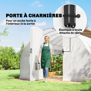 Serre tunnel de jardin 24m², serre de jardin tunnel 295x798x199cm avec portes et 12 fenêtres avec moustiquaires, bâche PE haute densité 140 g/m² prolongée de 20 cm, pour extérieur, blanc