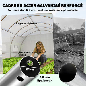 Serre tunnel de jardin 24m², serre de jardin tunnel 295x798x199cm avec portes et 12 fenêtres avec moustiquaires, bâche PE haute densité 140 g/m² prolongée de 20 cm, pour extérieur, blanc