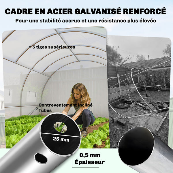 Serre tunnel de jardin 24m², serre de jardin tunnel 295x798x199cm avec portes et 12 fenêtres avec moustiquaires, bâche PE haute densité 140 g/m² prolongée de 20 cm, pour extérieur, blanc
