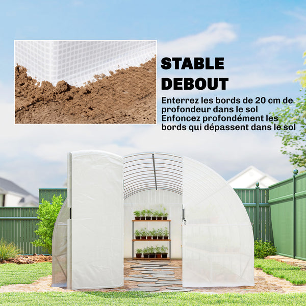 Serre tunnel de jardin 24m², serre de jardin tunnel 295x798x199cm avec portes et 12 fenêtres avec moustiquaires, bâche PE haute densité 140 g/m² prolongée de 20 cm, pour extérieur, blanc
