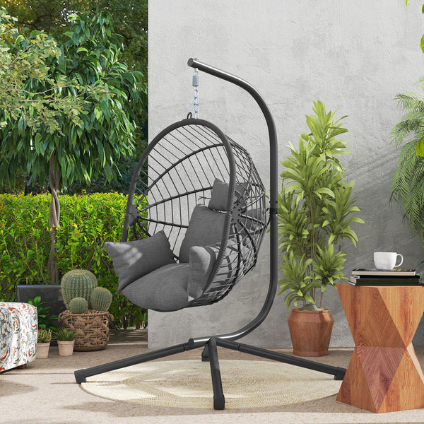 Fauteuil suspendu, fauteuil œuf suspendu, chaise hamac balançoire - panier pliable, coussin rembourré, poche, oreiller, chaise suspendue cocooning intérieur et extérieur, gris