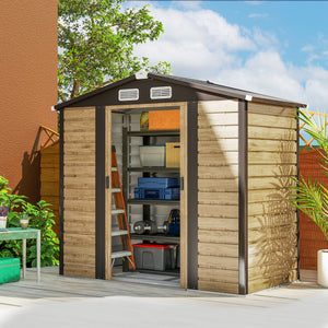 Abri de jardin en métal 2,36 m², cabane de jardin exterieur en acier galvanisé facile à monter, avec kit de fondation, portes doubles avec serrure abri à outils extérieur 213x120x194cm chêne