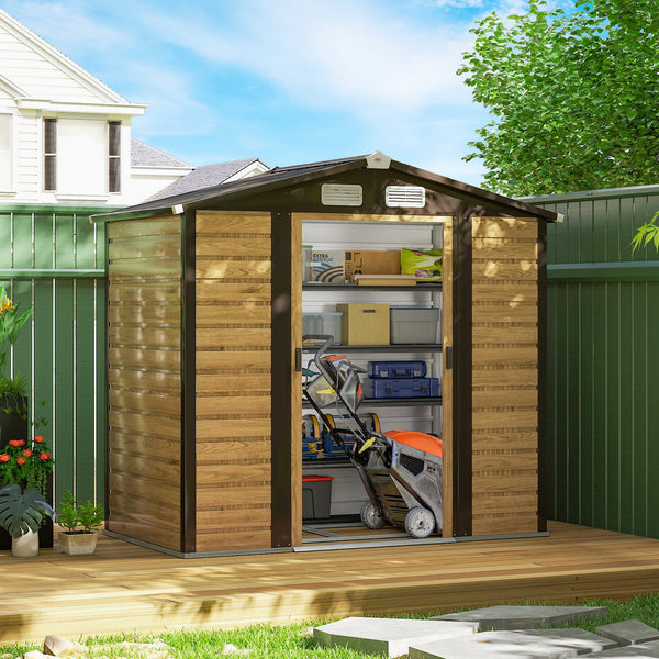 Abri de jardin en métal 2,36 m², cabane de jardin exterieur en acier galvanisé facile à monter, avec kit de fondation, portes doubles avec serrure abri à outils extérieur 213x120x194cm chêne
