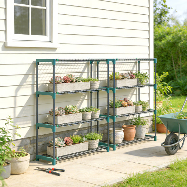 Lot de 2 Étagères à Plantes 4 Niveaux Intérieur Extérieur, Supports pour Plantes en Métal, Assemblage Facile, Support pour Fleurs et Pots, pour Jardin, Balcon, Patio, 90 x 28 x 104 cm, Vert