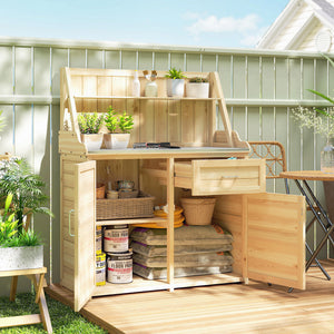 Armoire de Jardin en Bois avec Plan de Travail en Métal Galvanisé - Table de Rempotage avec Tiroir et Étagère - Abri de Jardin Extérieur pour Terrasse Balcon, 100x45x129,5cm, Naturel