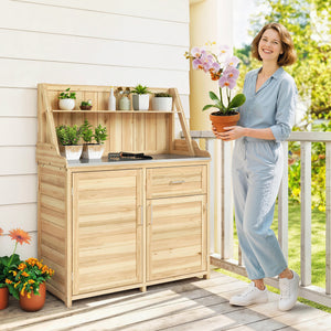Armoire de Jardin en Bois avec Plan de Travail en Métal Galvanisé - Table de Rempotage avec Tiroir et Étagère - Abri de Jardin Extérieur pour Terrasse Balcon, 100x45x129,5cm, Naturel