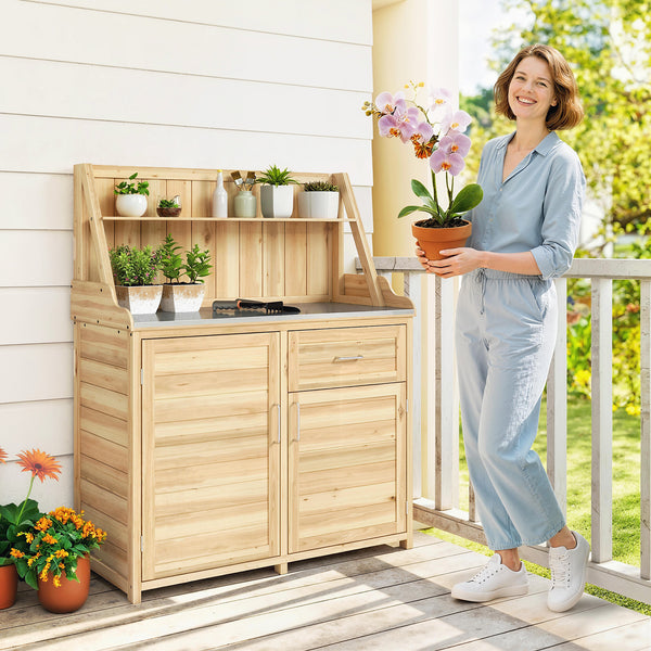 Armoire de Jardin en Bois avec Plan de Travail en Métal Galvanisé - Table de Rempotage avec Tiroir et Étagère - Abri de Jardin Extérieur pour Terrasse Balcon, 100x45x129,5cm, Naturel