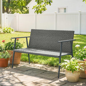 Banc de Jardin 2 places en Résine Tressée, avec Accoudoirs, Dossiers et Pieds Réglables, Structure en Acier Galvanisé, Banc d'Extérieur pour Terrasse Balcon Jardin, Gris